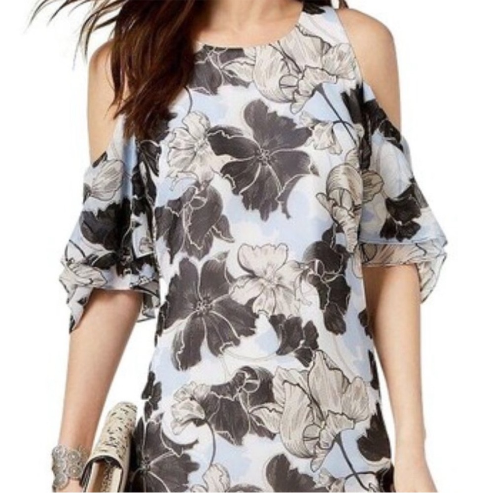 INC Cold Shoulder Black Short Floral Dress